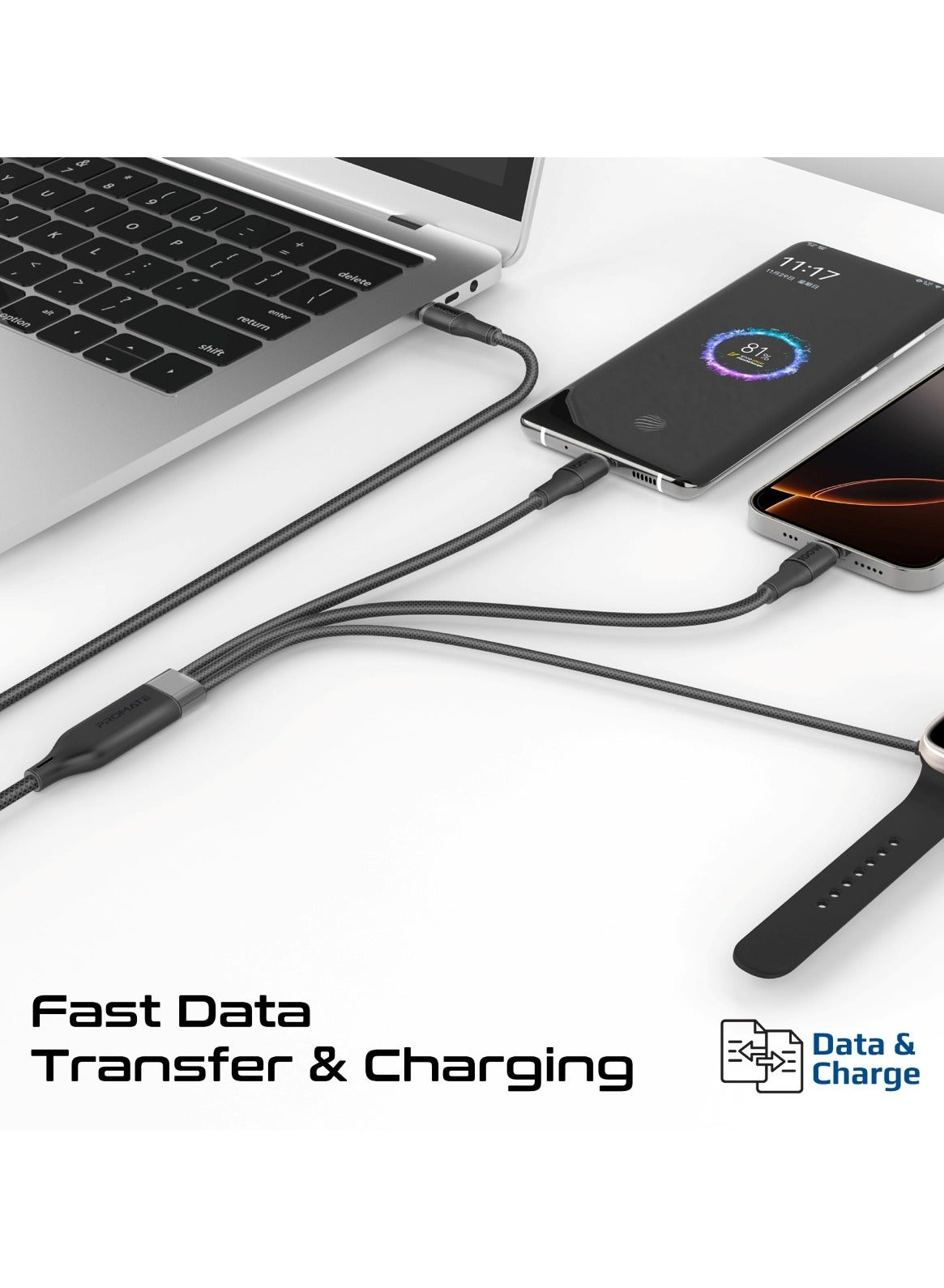 PROMATE Fusion-CCW. 3-in-1 USB-C to 100W PD USB-C, 27W USB-C & 5W Apple Watch Charger cable