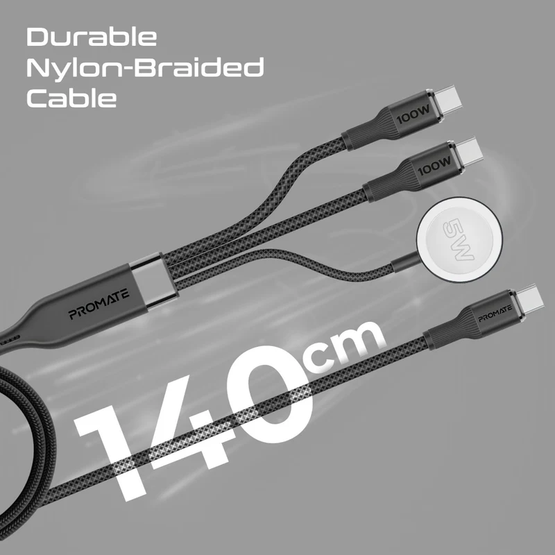 PROMATE Fusion-CCW. 3-in-1 USB-C to 100W PD USB-C, 27W USB-C & 5W Apple Watch Charger cable