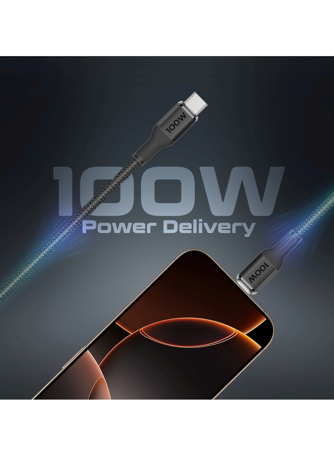 PROMATE Fusion-CCW. 3-in-1 USB-C to 100W PD USB-C, 27W USB-C & 5W Apple Watch Charger cable