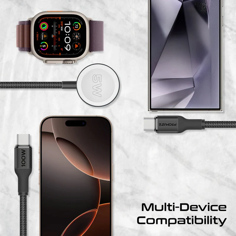 PROMATE Fusion-CCW. 3-in-1 USB-C to 100W PD USB-C, 27W USB-C & 5W Apple Watch Charger cable