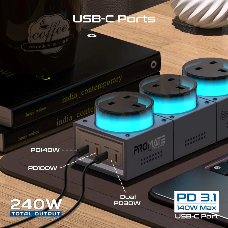 PROMATE PowerBrixGaN240.BlackTitanium PD3.1 GaNFast 240W desktop charging station, 140W PD