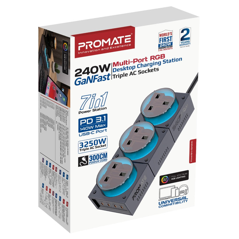 PROMATE PowerBrixGaN240.BlackTitanium PD3.1 GaNFast 240W desktop charging station, 140W PD