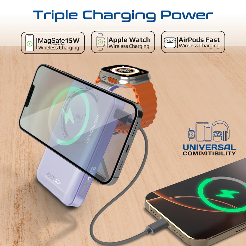 PROMATE Mavrix-3.Purple 10000mAh Ultra-Slim 15W MagSafe Compatible Power Bank w