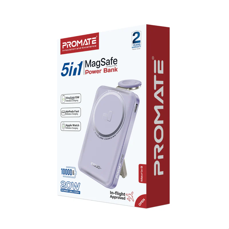 PROMATE Mavrix-3.Purple 10000mAh Ultra-Slim 15W MagSafe Compatible Power Bank w