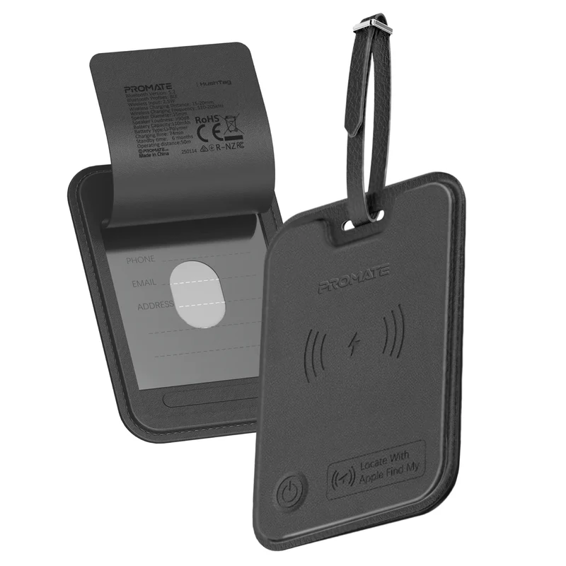 PROMATE HushTag.Black Luggage Tag with Tracking Feature, 100mAh battery