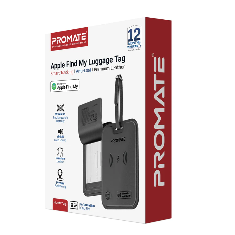 PROMATE HushTag.Black Luggage Tag with Tracking Feature, 100mAh battery