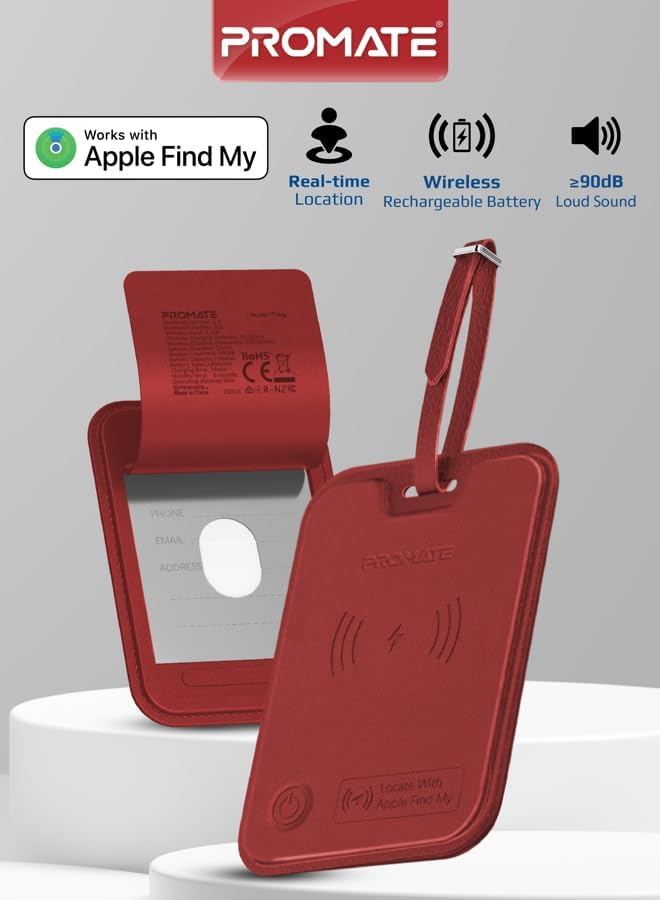 PROMATE HushTag.Burgundy Luggage Tag with Tracking Feature, 100mAh battery