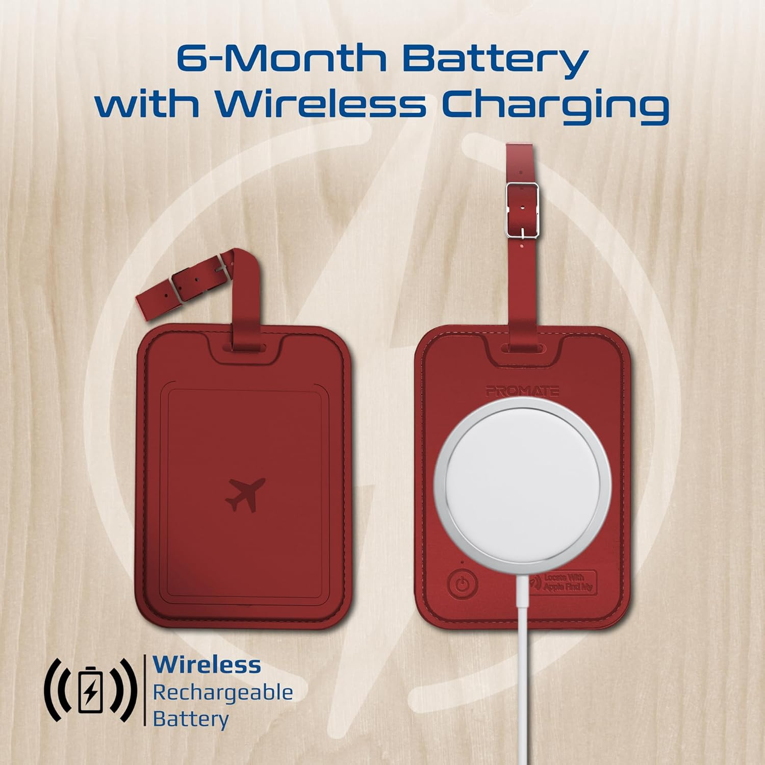PROMATE HushTag.Burgundy Luggage Tag with Tracking Feature, 100mAh battery
