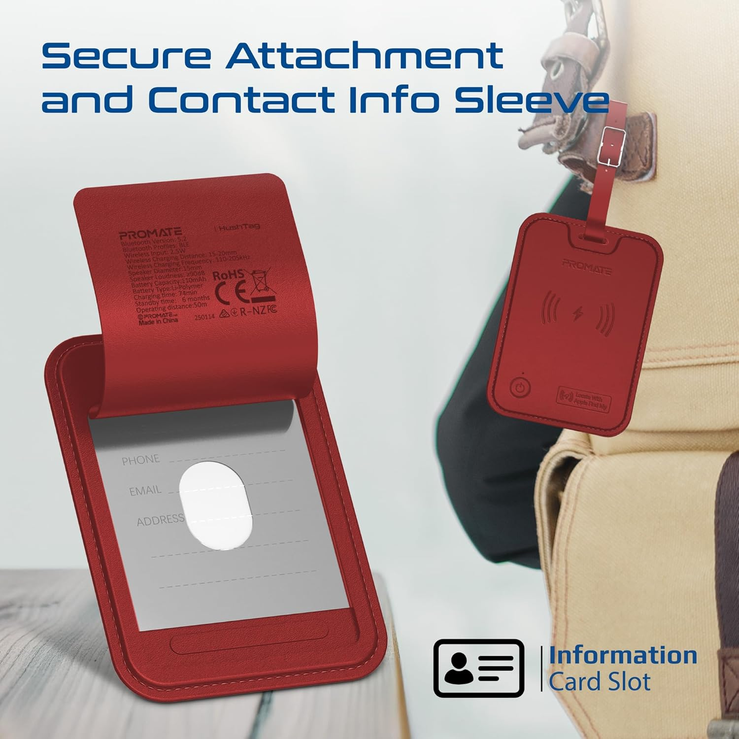 PROMATE HushTag.Burgundy Luggage Tag with Tracking Feature, 100mAh battery