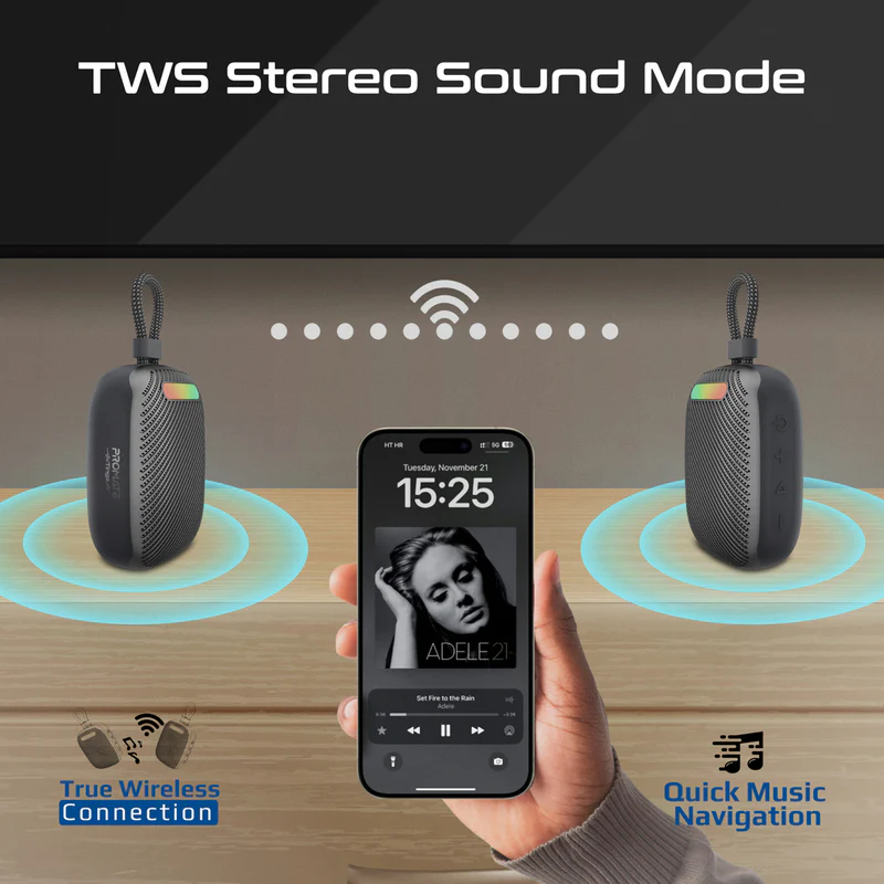 PROMATE Tingz.Black Portable High Fidelity 7W BT 5.4 TWS Speaker