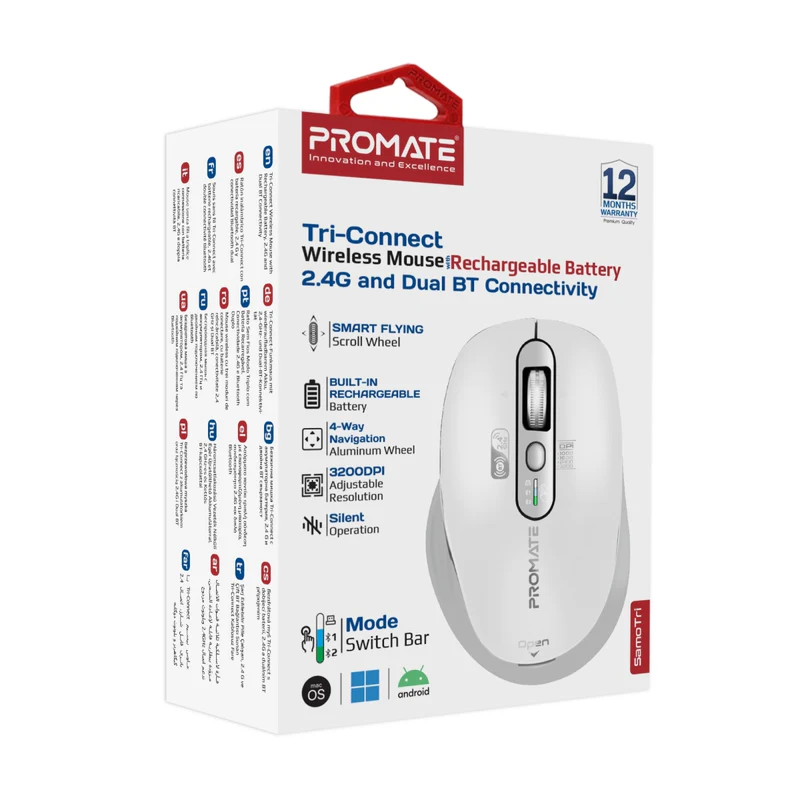 PROMATE SamoTri.White Multi Device Connection 3200DPI Dual Mode Wireless