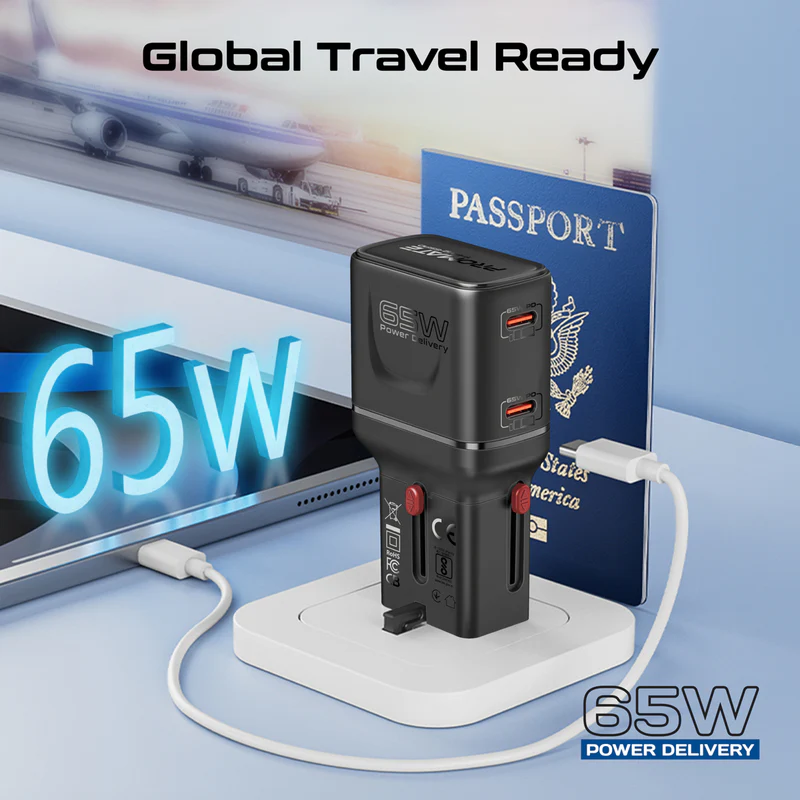 PROMATE TriPlug-65PD 65W PD Universal Travel Adapter with Dual USB-C Ports
