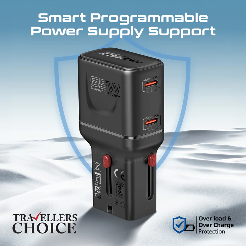 PROMATE TriPlug-65PD 65W PD Universal Travel Adapter with Dual USB-C Ports