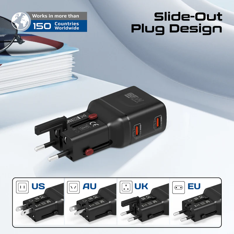 PROMATE TriPlug-65PD 65W PD Universal Travel Adapter with Dual USB-C Ports