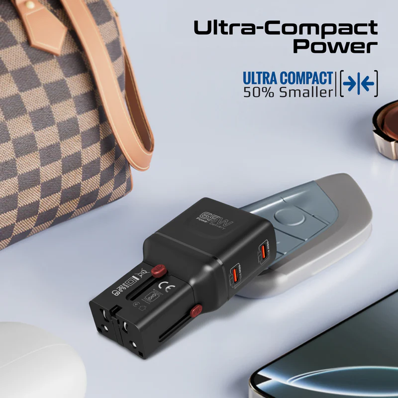 PROMATE TriPlug-65PD 65W PD Universal Travel Adapter with Dual USB-C Ports