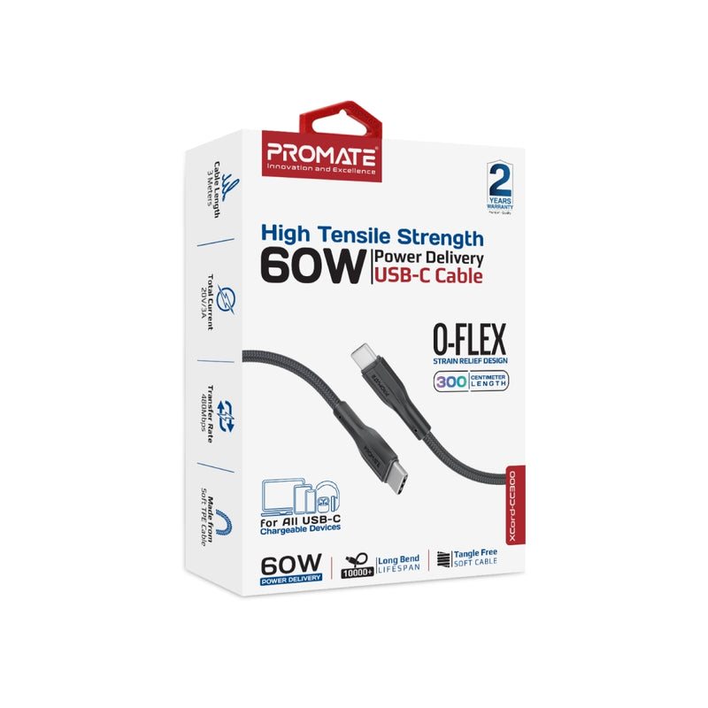 Promate (XCord-CC300) USB-C to USB-C Data & Charge Cable Braided - Fast Charge - 3m- 2Yrs (Black)