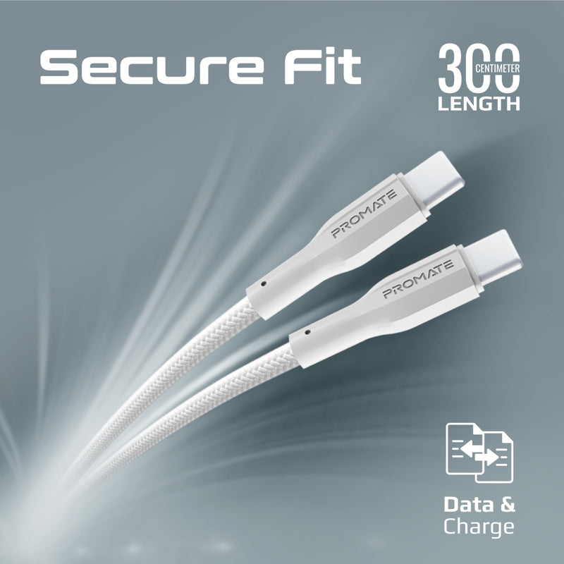 Promate (XCord-CC300) USB-C to USB-C Data & Charge Cable Braided - Fast Charge - 3m- 2Yrs (WHITE)