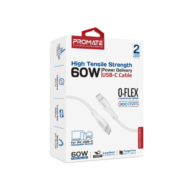 Promate (XCord-CC300) USB-C to USB-C Data & Charge Cable Braided - Fast Charge - 3m- 2Yrs (WHITE)