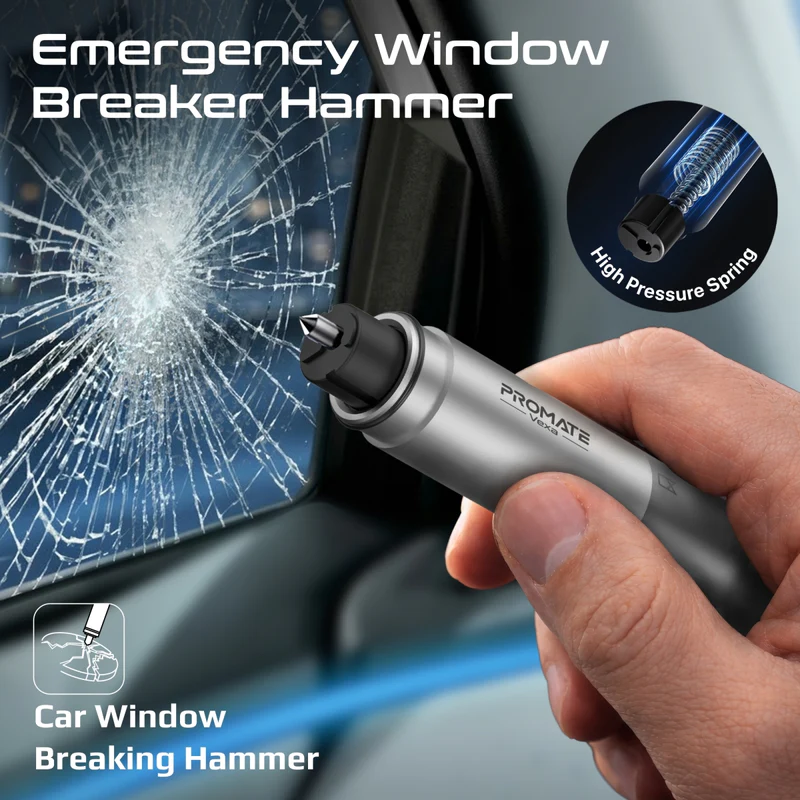 PROMATE Vexa 4-in-1 Car Safety Gadget with Safety Hammer, LED Light, Cutter, and Whistle.
