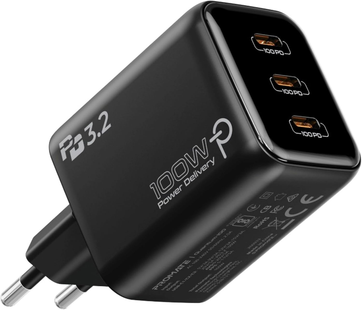 Promate Quantum100 GaN Charger 3 Port USB C Adapter Powigan 100W (WHITE)