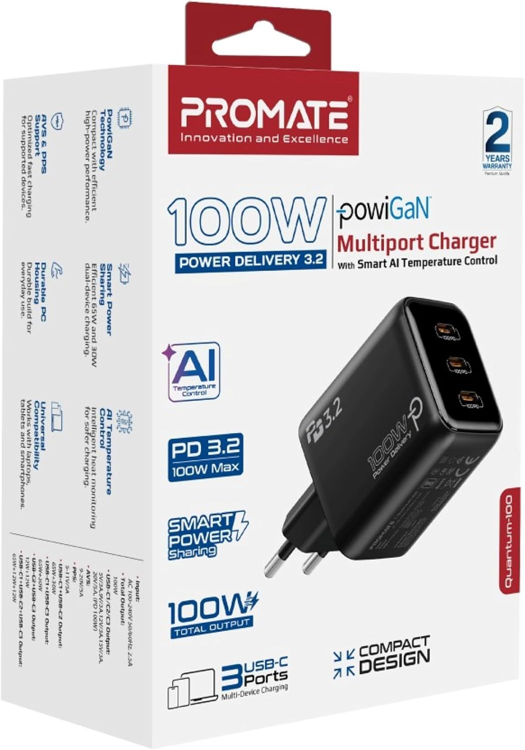 Promate Quantum100 GaN Charger 3 Port USB C Adapter Powigan 100W (WHITE)