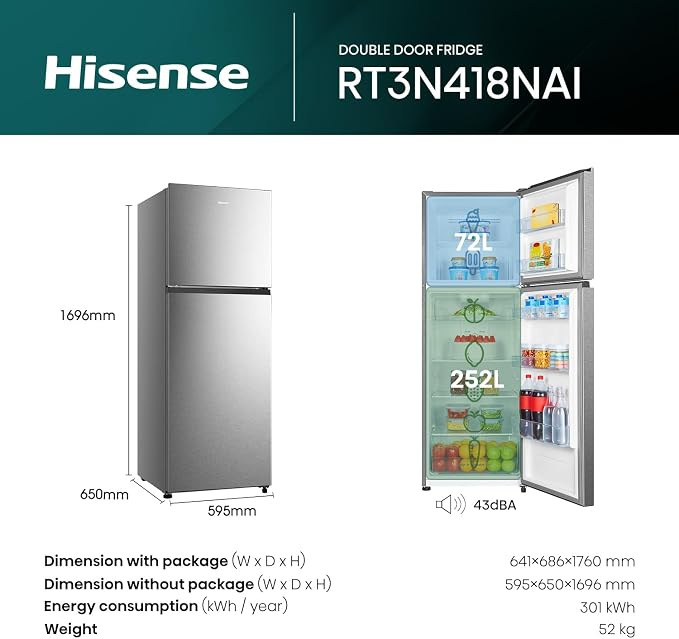 Hisense Top Freezer Refrigerator, 320L RT3N418NAL