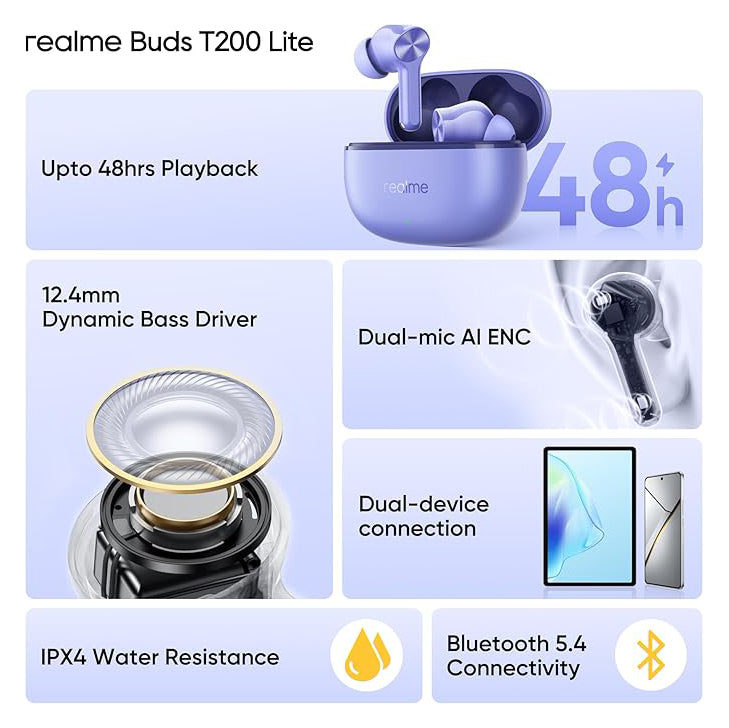 Realme Buds T200 Lite True Wireless Earbuds Bluetooth 5.4 with AI ENC & 48H Playback – Black / Purple / Grey