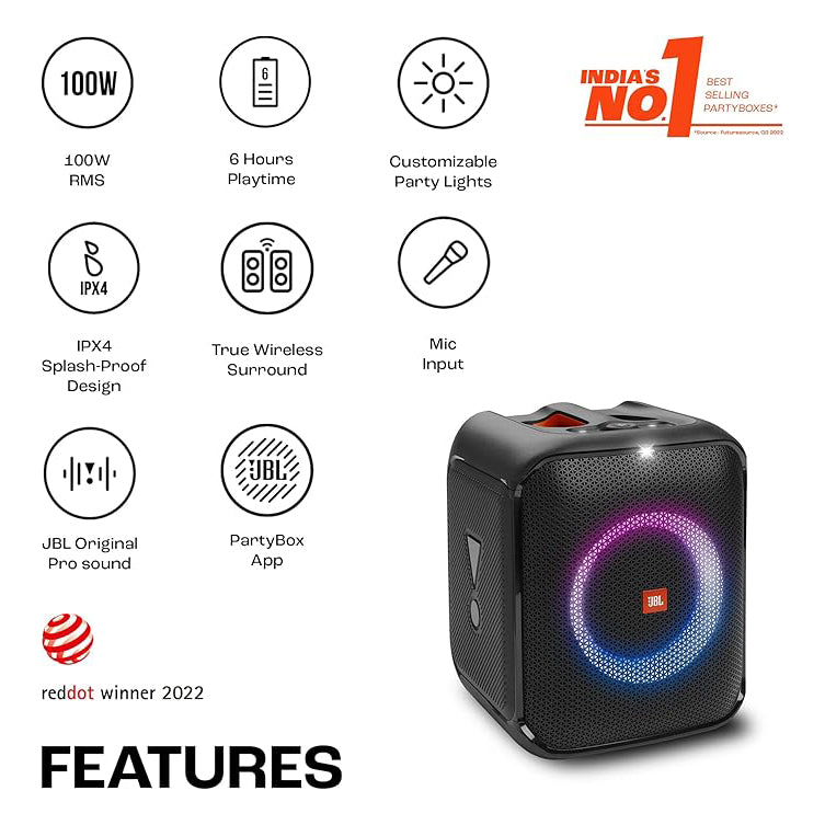 سماعة JBL PartyBox Encore Essential المحمولة للحفلات بتقنية Bluetooth وقدرة 100W – أسود