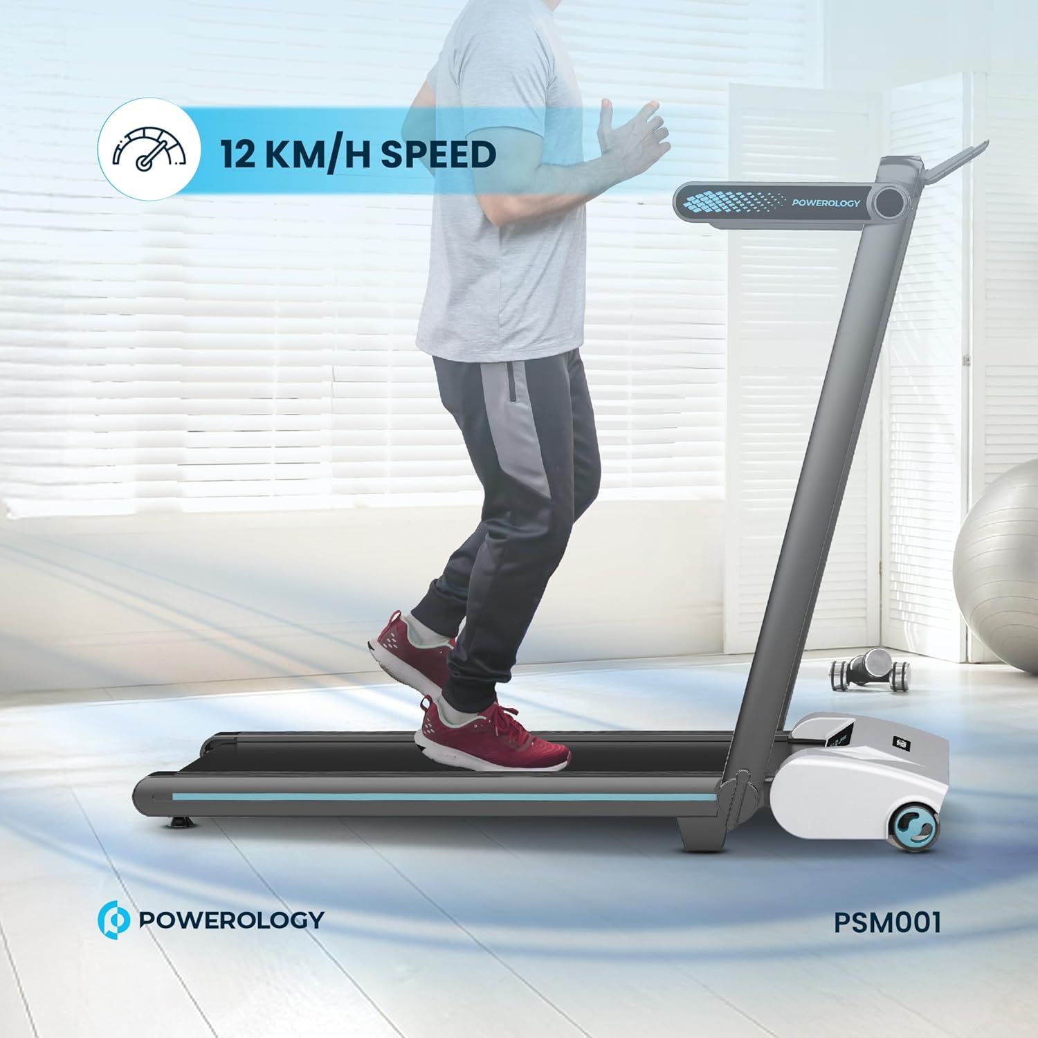 Powerology Incline Treadmill with 5-Level Electric Incline, Handrail & 12km/h Speed – White
