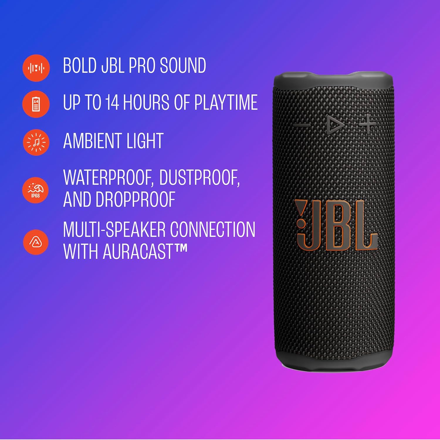سماعة JBL Grip المحمولة بتقنية Bluetooth مع إضاءة محيطية وصوت JBL Pro – أسود