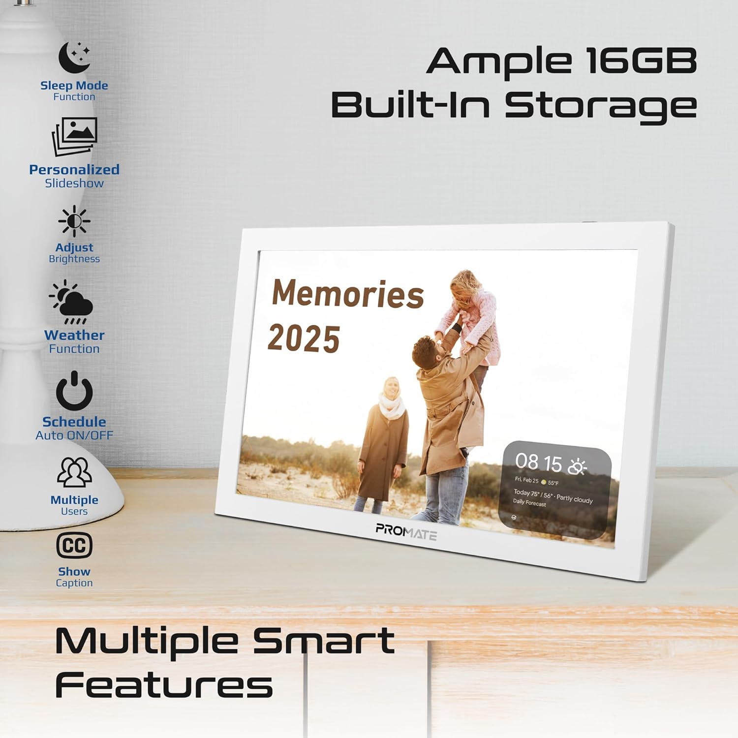 PROMATE Memoria-15.6" إطار صور رقمي متعدد الوسائط بدقة Full HD، بسعة 32Gb