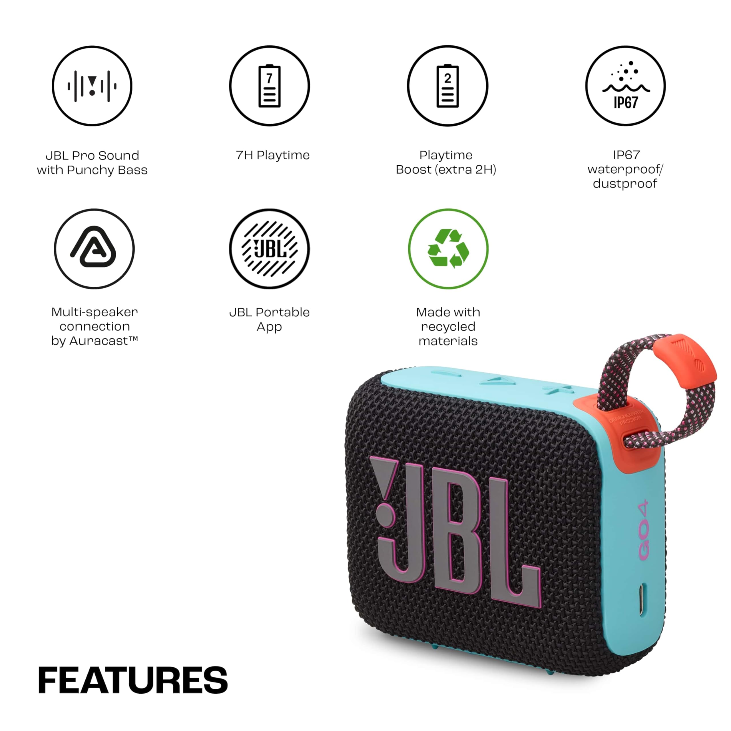 JBL Go 4 Portable Bluetooth Speaker Waterproof IP67 with Punchy Bass – Multi Color