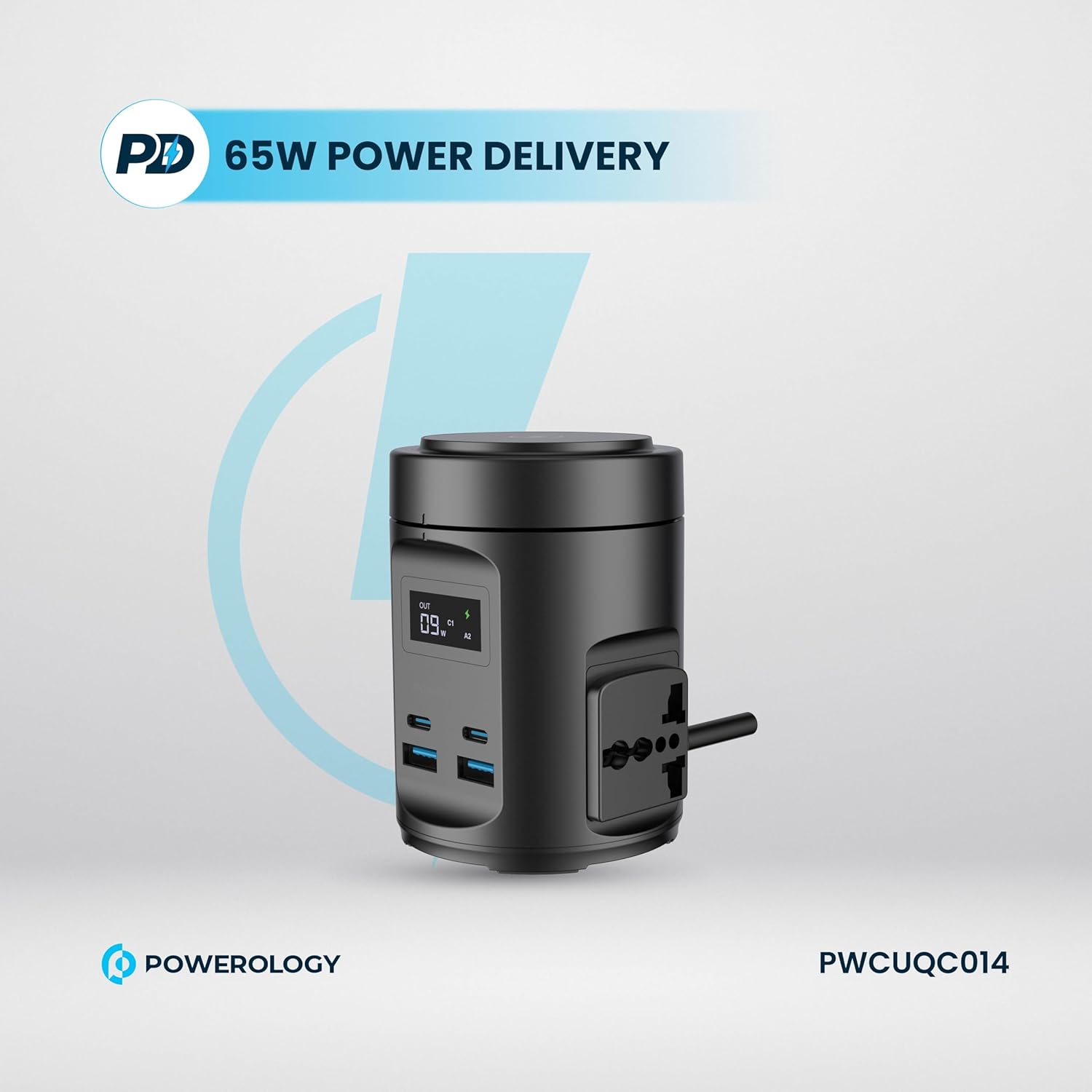 Powerology MagSafe Power Hub 65W PD Charger with 2 Universal AC Sockets & 2200W Power Output – Black