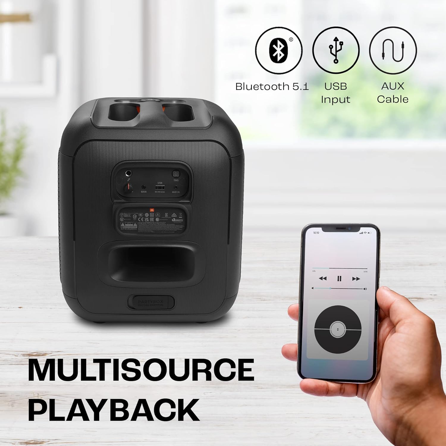 سماعة JBL PartyBox Encore Essential المحمولة للحفلات بتقنية Bluetooth وقدرة 100W – أسود