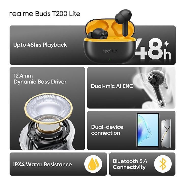 Realme Buds T200 Lite True Wireless Earbuds Bluetooth 5.4 with AI ENC & 48H Playback – Black / Purple / Grey