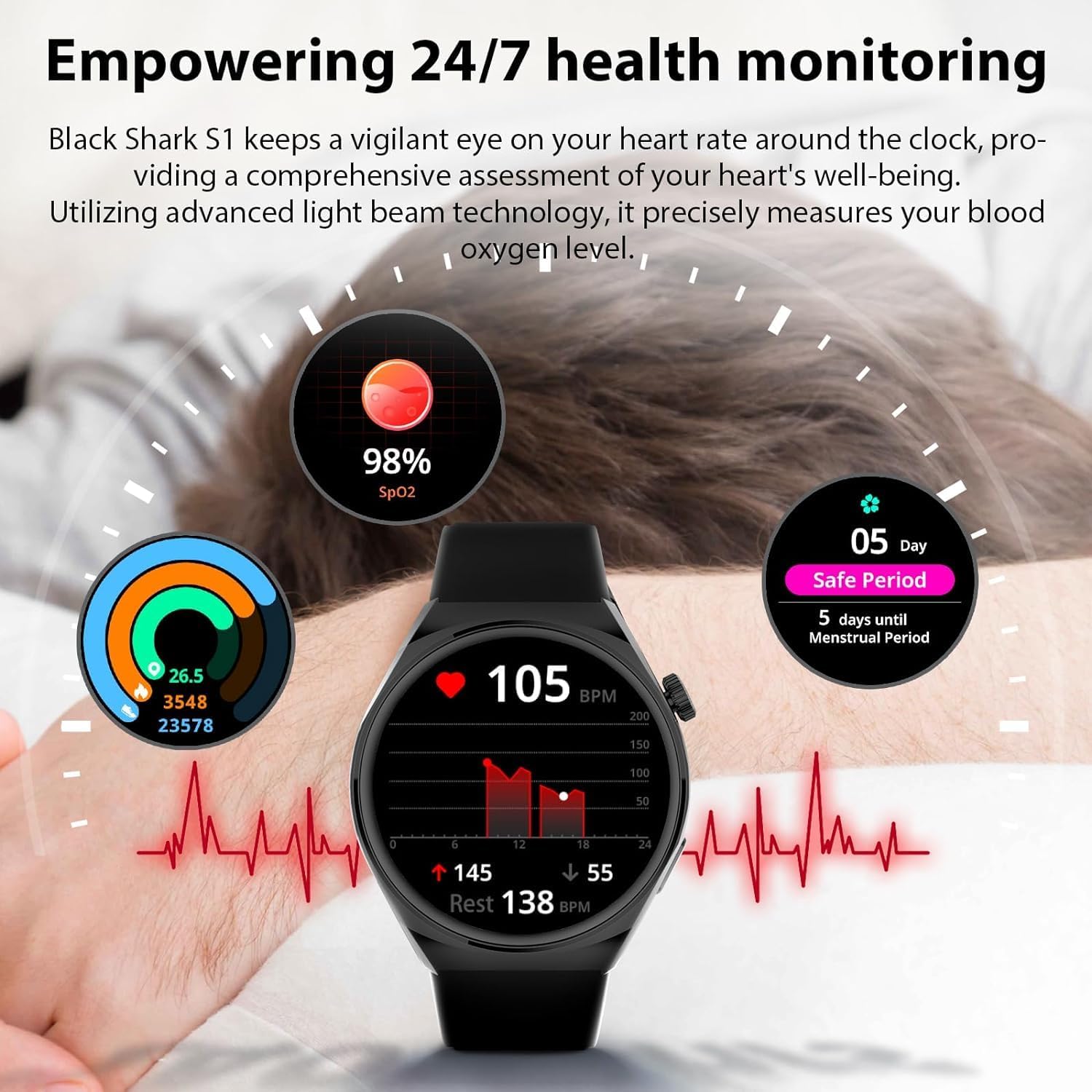 ساعة Black Shark S1 الذكية بشاشة AMOLED مقاس 1.43 بوصة ومكالمات Bluetooth ومقاومة IP68 – أسود