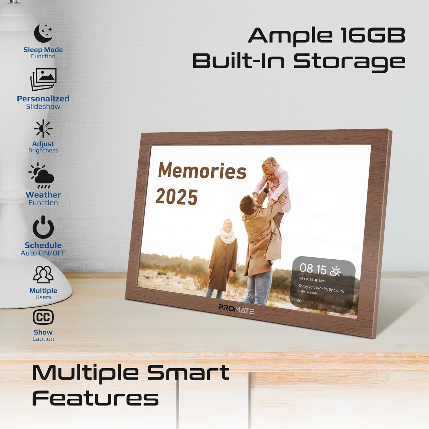 PROMATE Memoria-15.6" إطار صور رقمي متعدد الوسائط بدقة Full HD، بسعة 32Gb