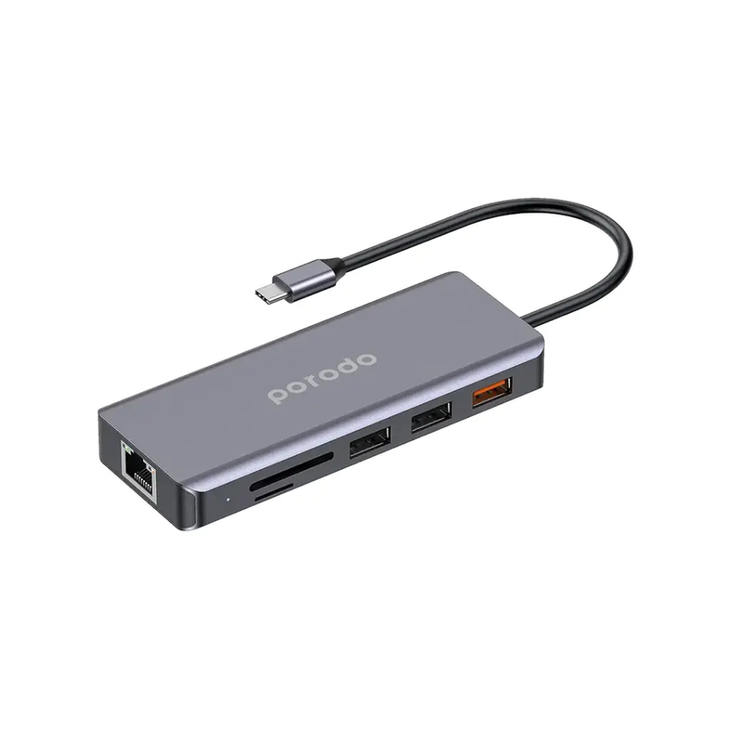 Porodo 9in1 USB-C Hub Type-C PD 100W HDMI Ethernet USB SD Card 3.5mm Aux - Grey