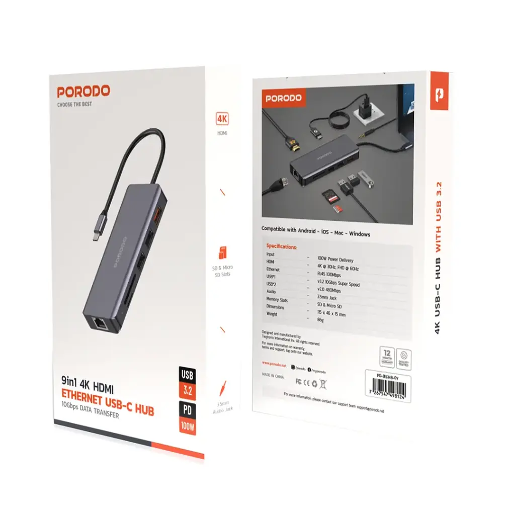 Porodo 9in1 USB-C Hub Type-C PD 100W HDMI Ethernet USB SD Card 3.5mm Aux - Grey
