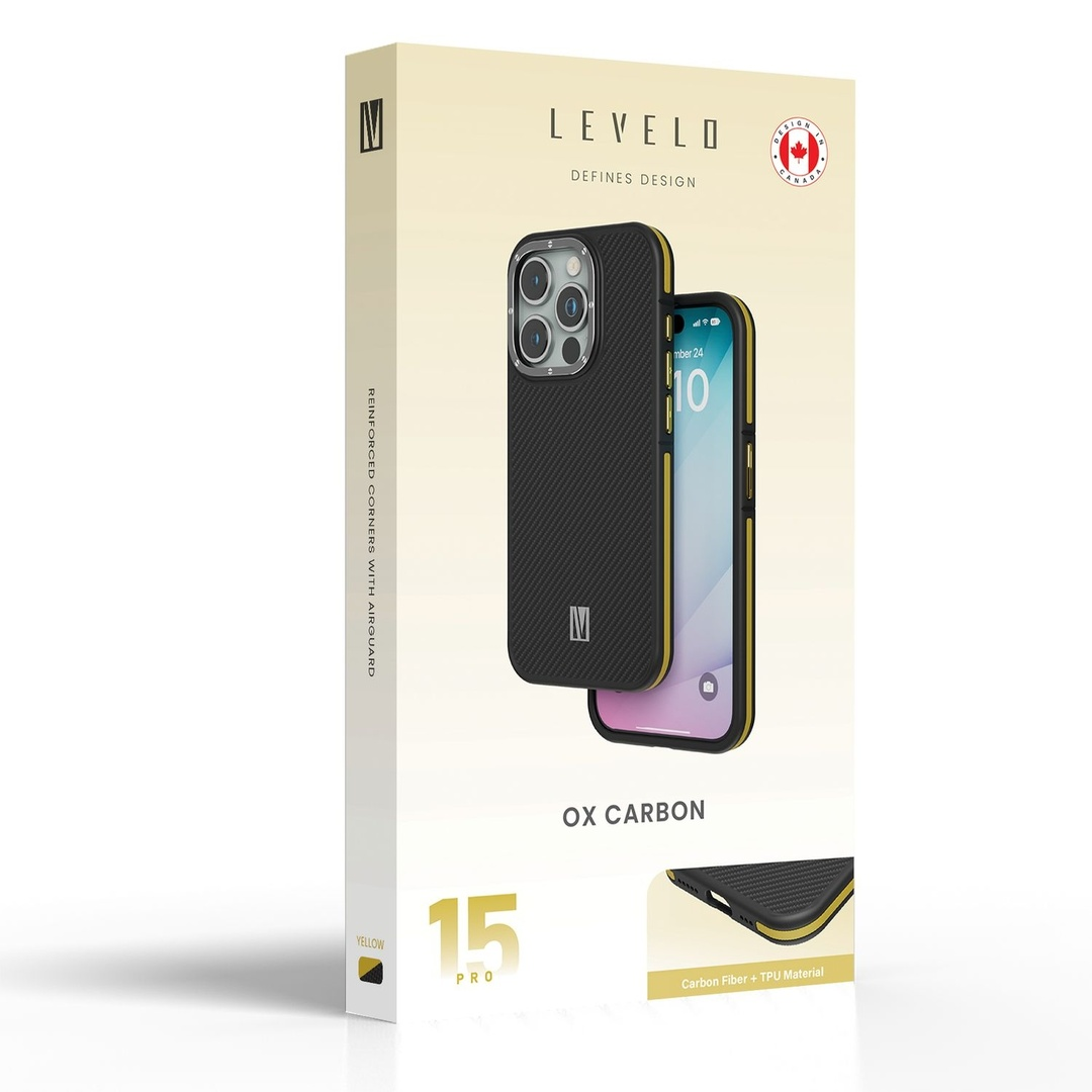 Levelo Yellow iPhone Pro Carbon Case with Shock-Proof Edges and MagSafe Compatibility