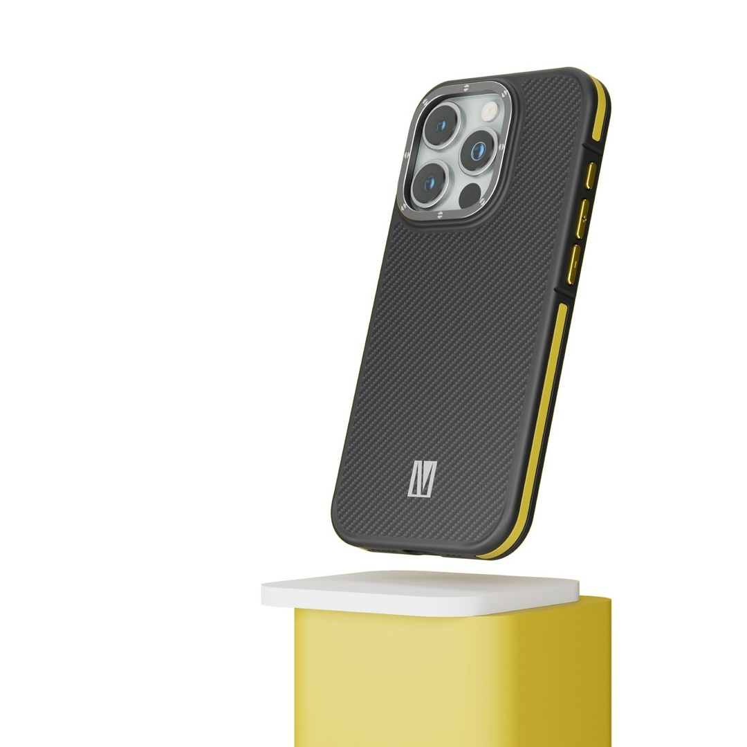 Levelo Yellow iPhone Pro Carbon Case with Shock-Proof Edges and MagSafe Compatibility