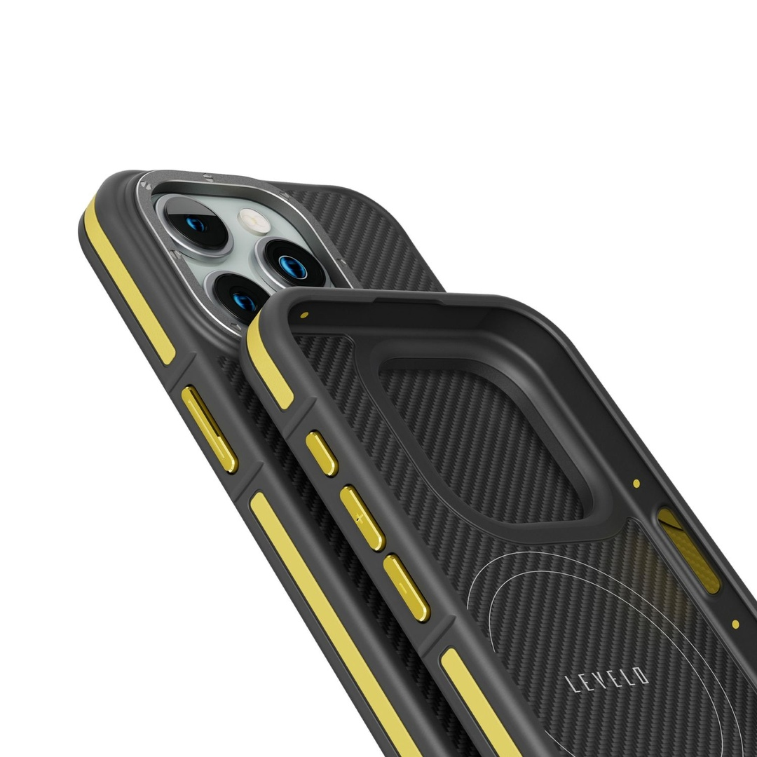Levelo Yellow iPhone Pro Carbon Case with Shock-Proof Edges and MagSafe Compatibility