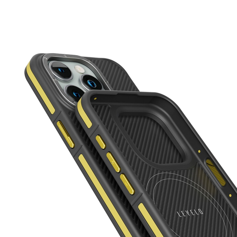 Levelo Yellow iPhone Pro Carbon Case with Shock-Proof Edges and MagSafe Compatibility