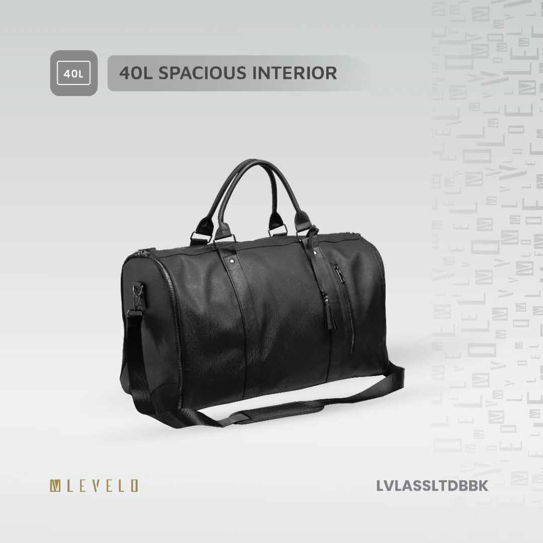 Levelo AllinStyle Saffiano Leather Travel Duffle Bag - Black  LVLASSLTDBBK