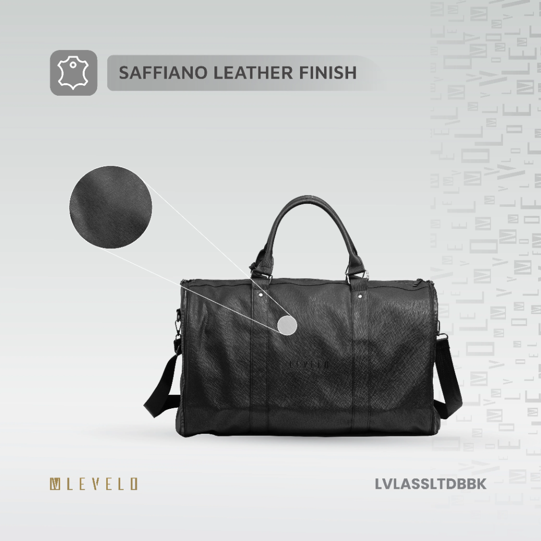 Levelo AllinStyle Saffiano Leather Travel Duffle Bag - Black  LVLASSLTDBBK