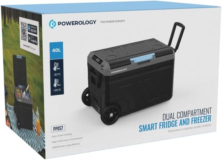 Powerology Portable Fridge 40L with Dual Compartment and Trolly - Gray