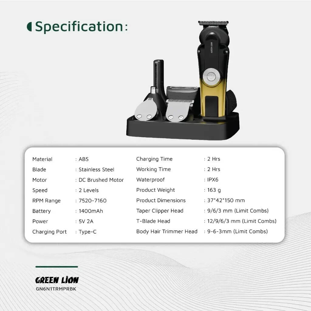 Green Lion 6 in 1 Trim Pro Grooming Kit - Black