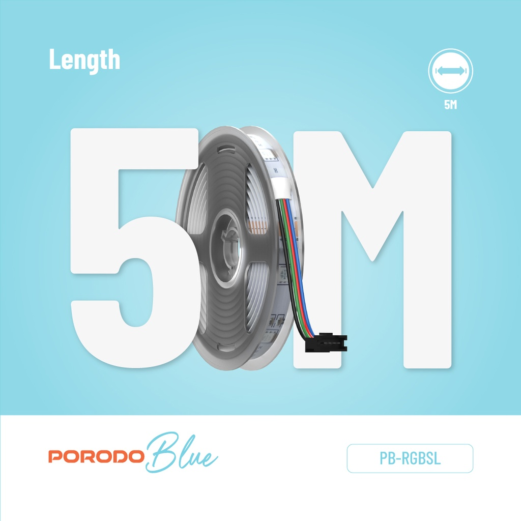 Porodo Blue RGB Light Strip 16.4 Ft Sound Reactive RGB Strip Light with 44 Key Remote