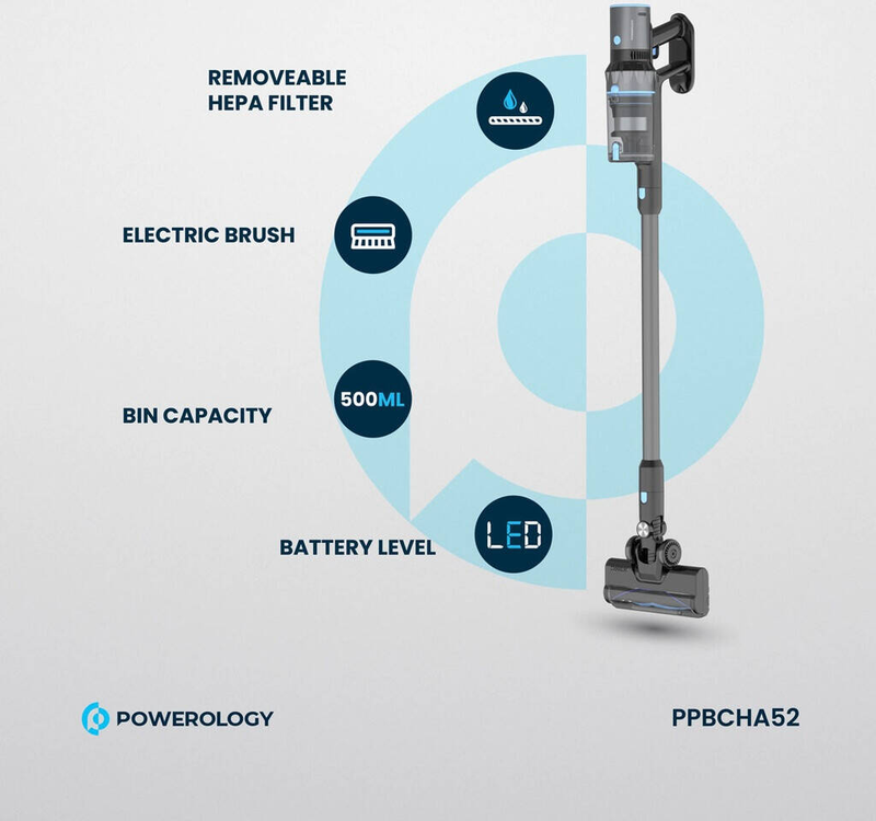 Powerology Cordless Vaccum Cleaner with Detachable Battery - BlacK
