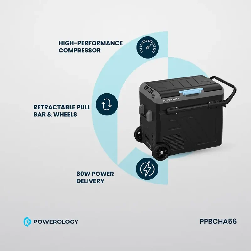 Powerology Portable Fridge 60L with Dual Compartment and Trolly - Gray